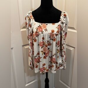 Altar'd State Floral Smocked Blouse - Cream and Pink